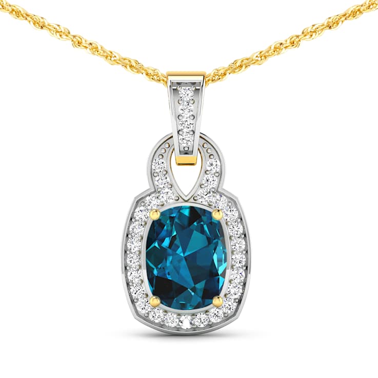 1.95ctw 14K Yellow Gold Blue London Blue Topaz and White Diamond Pendant
with 18 inch Cable Chain