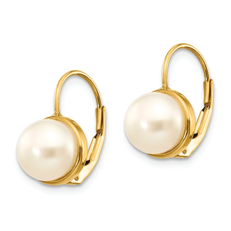 14K Yellow Gold 6-7mm White Button Freshwater Cultured Pearl Leverback Earrings
