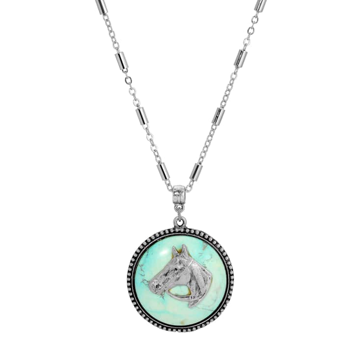 White Base Metal Round Turquoise Horse Pendant Necklace 18"