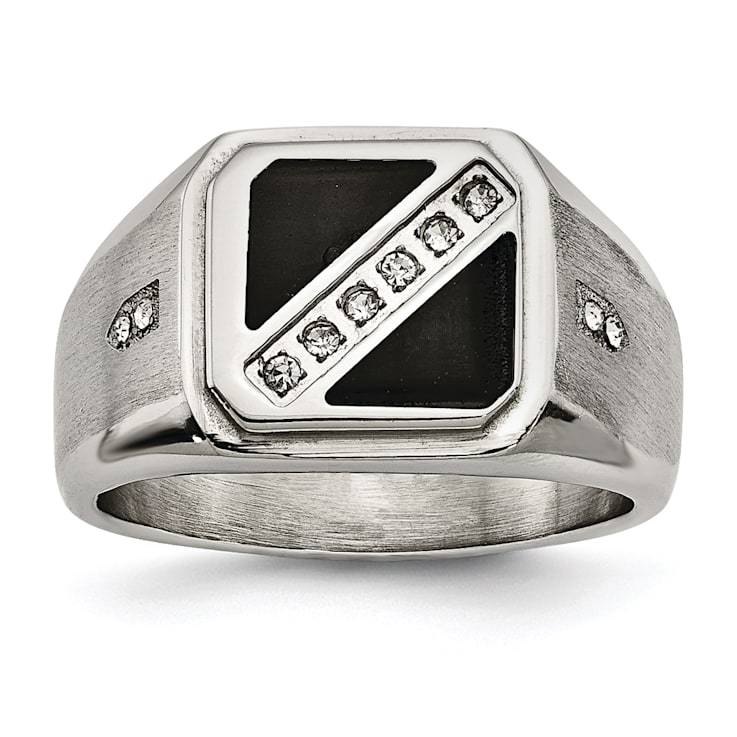 White Cubic Zirconia And Black Enamel Stainless Steel Men's Ring