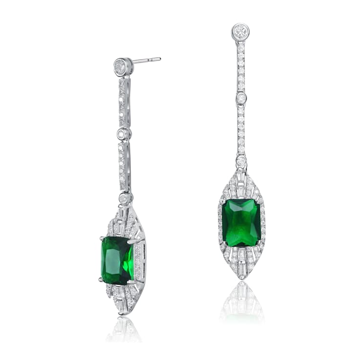 Emerald Color CZ Square Drop Earrings In Sterling Silver