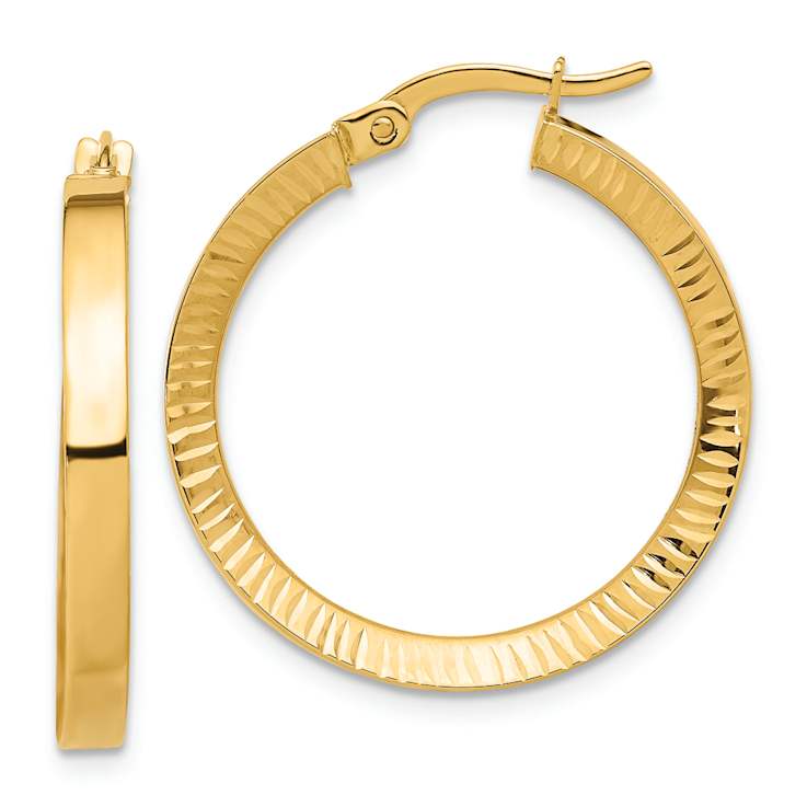14k Yellow Gold 1 1/16" Polished and Diamond-Cut Hoop Earrings