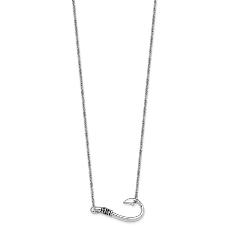 Rhodium Over Sterling Silver Polished and Antiqued 16 + 2 Inch Hook Necklace