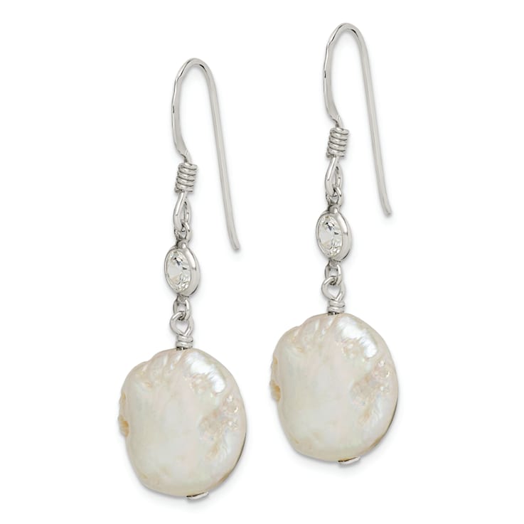 Sterling Silver Polished Freshwater Cultured Coin Pearl and CZ Dangle Earrings