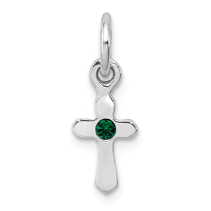 Rhodium Over Sterling Silver Child's May Green Preciosca Crystal Cross Pendant