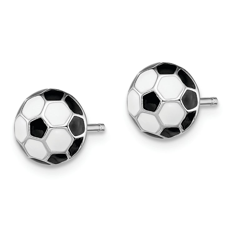 Rhodium Over Sterling Silver Enamel Soccer Ball Post Earrings