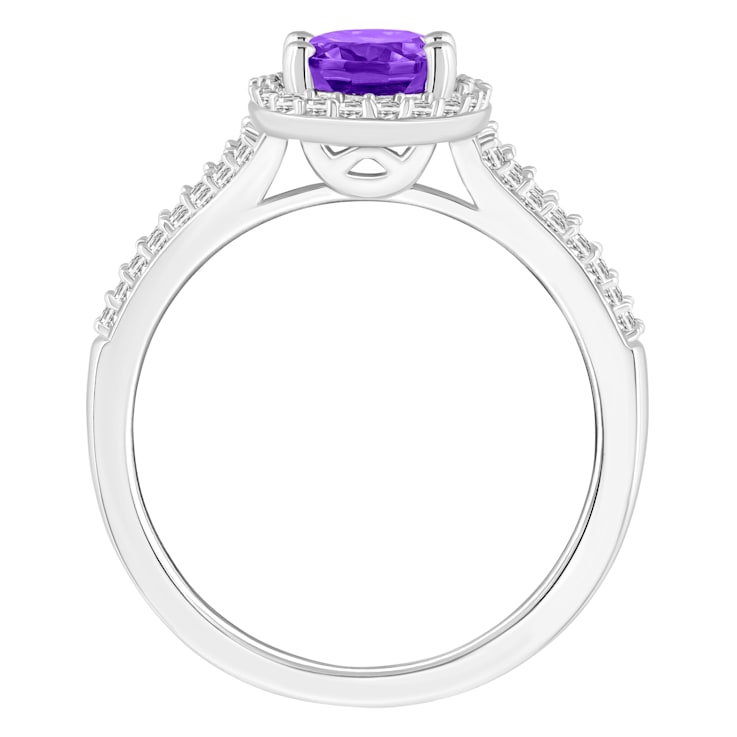 8x6mm Oval Amethyst 1/4 ctw Diamond Rhodium Over Sterling Silver Halo Ring