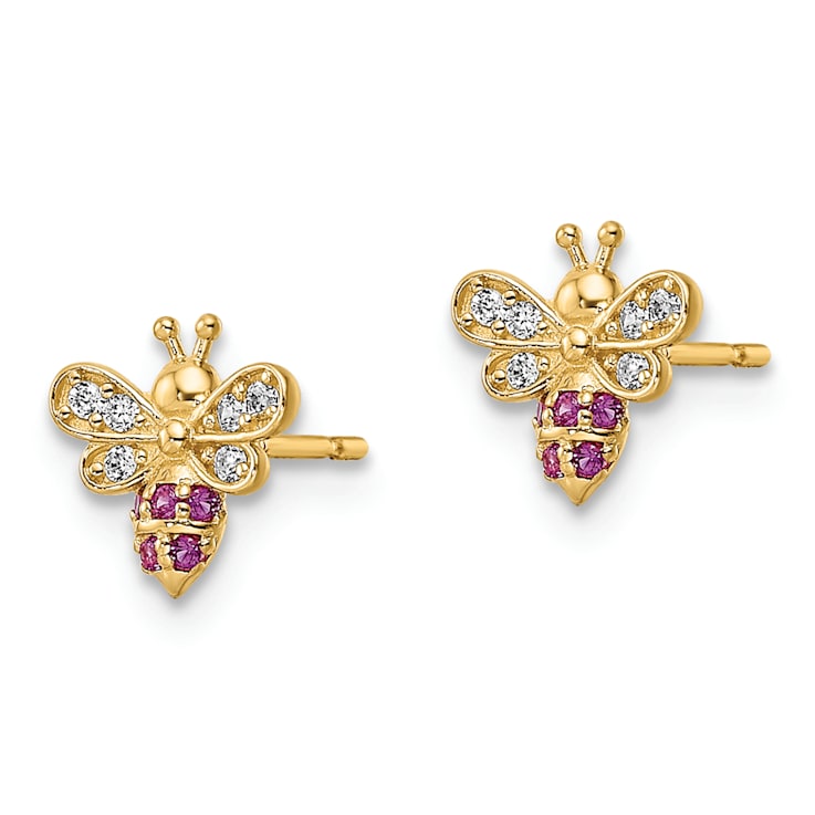 14K Yellow Gold Clear and Red Cubic Zirconia Bee Post Earrings