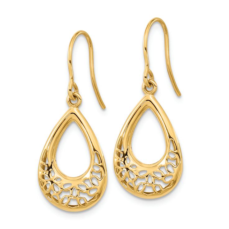 14k Yellow Gold Polished Floral Teardrop Dangle Earrings