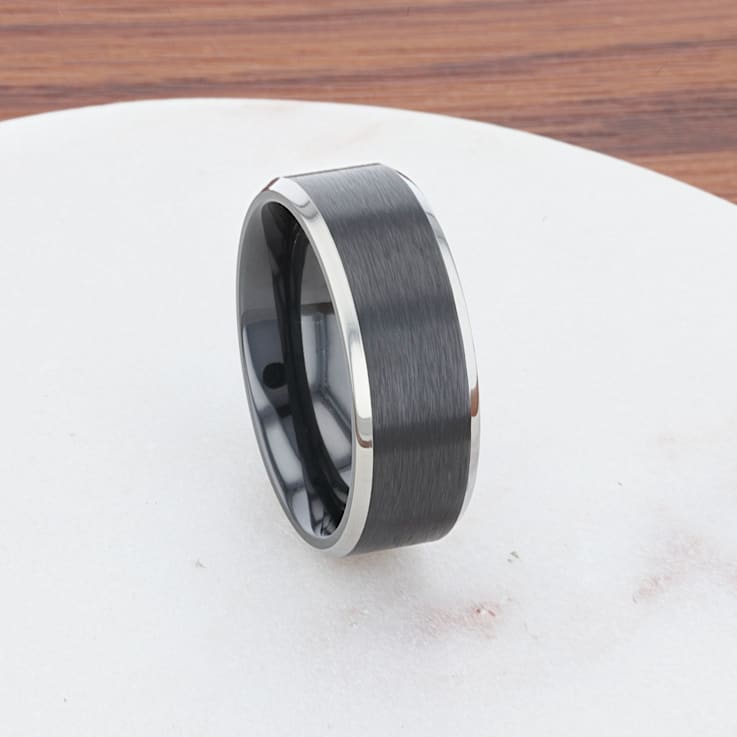 ATNOS Brushed Black Center Polished Beveled Edges Men’s Titanium Wedding
Ring 8mm