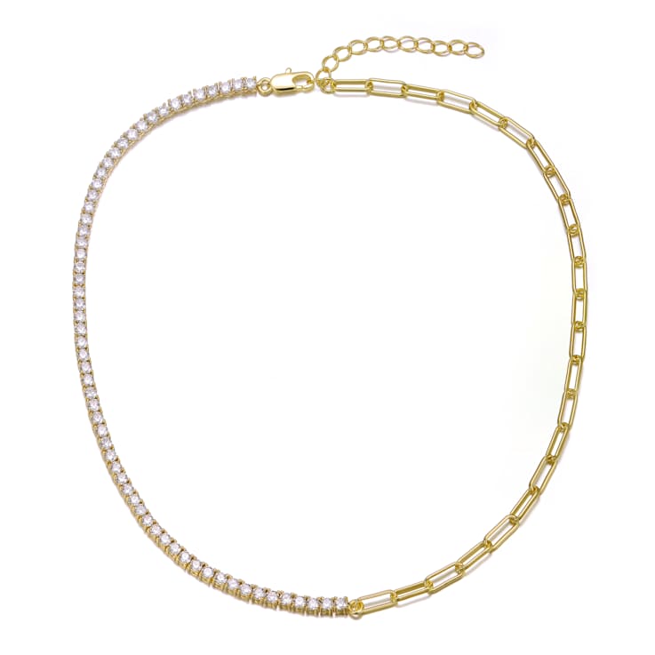 CZ Half Tennis Half Link Necklace In 14K Gold Over Brass