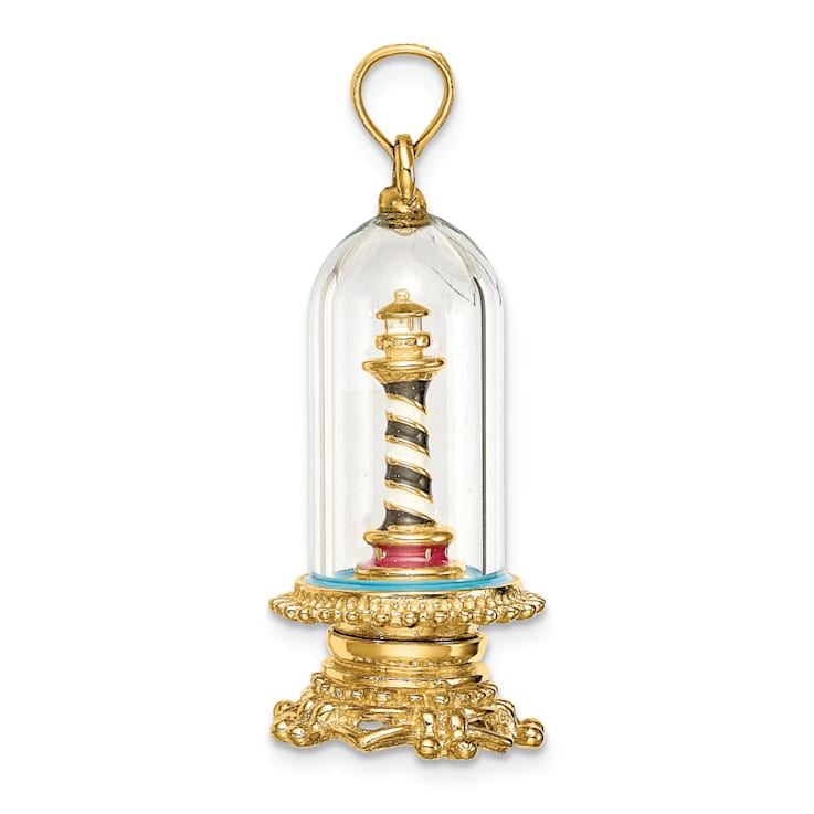 14k Yellow Gold Enameled 3D Lighthouse In Glass Dome Charm