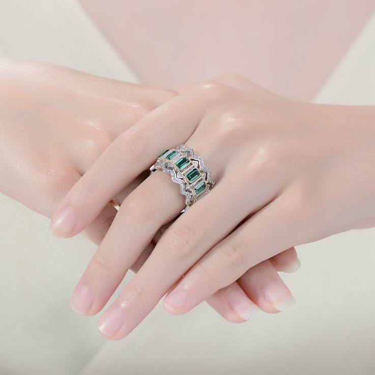 Emerald Color CZ Baguette Cocktail Ring In 14K White Gold Over Brass