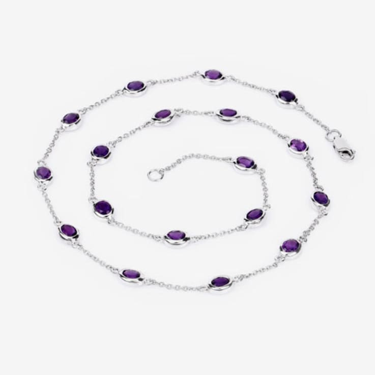 Oval Purple Amethyst By the Yard Rhodium Over Sterling Silver Station
Necklace 6.12ctw
