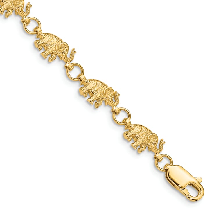 14k Yellow Gold Diamond-cut Small Elephants with Raised Trunks Link Bracelet