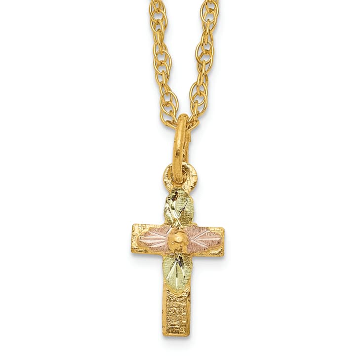 10k Yellow Gold With 12k Rose Gold and 12k Green Gold Accent Cross
Pendant With 18 Inch Ropa Chain