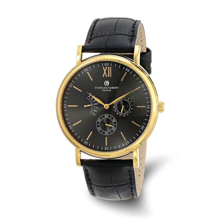Charles Hubert Men's Stainless Steel Leather Band 44mm Watch