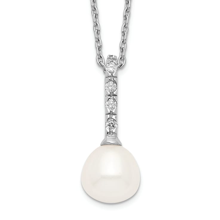 Rhodium Over Sterling Silver 7-8mm White Freshwater Cultured Pearl Cubic
Zirconia Necklace