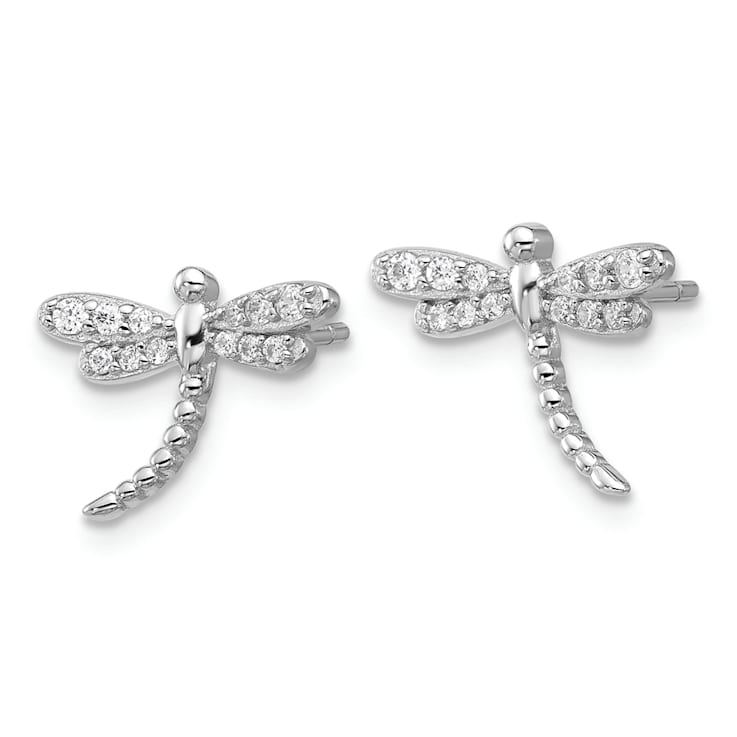 Rhodium Over Sterling Silver Polished Cubic Zirconia Dragonfly Post Earrings