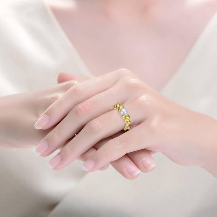 Freshwater Pearl Scalloped Seashell Ring In 14K Gold Over Sterling Silver