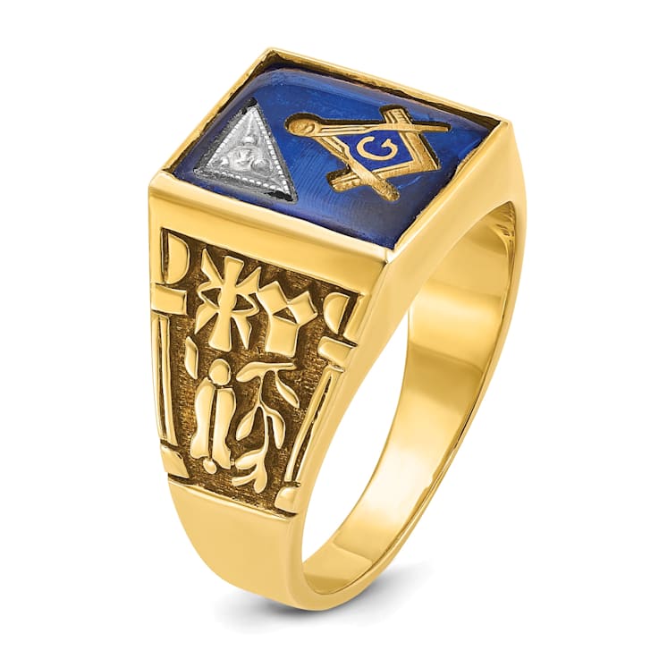 10K Yellow Gold Men s Lab Created Sapphire and Diamond Lodge Masonic Ring 11V9BB