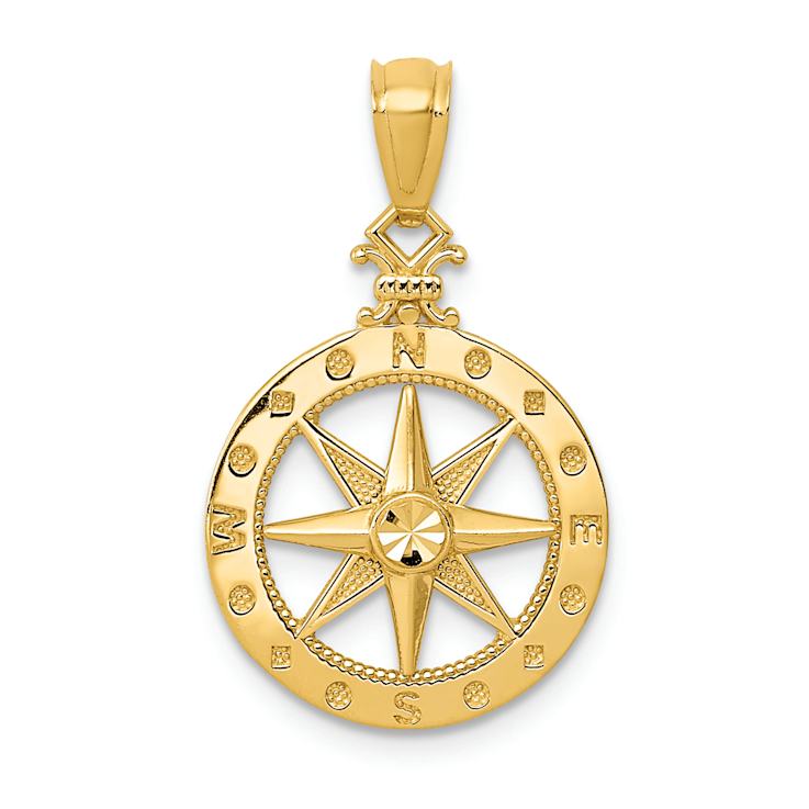 14k Yellow Gold Diamond-Cut, Polished and Textured Compass Pendant