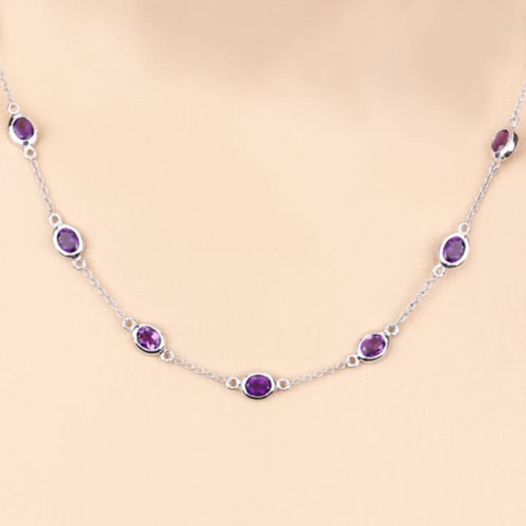 Oval Purple Amethyst By the Yard Rhodium Over Sterling Silver Station
Necklace 6.12ctw