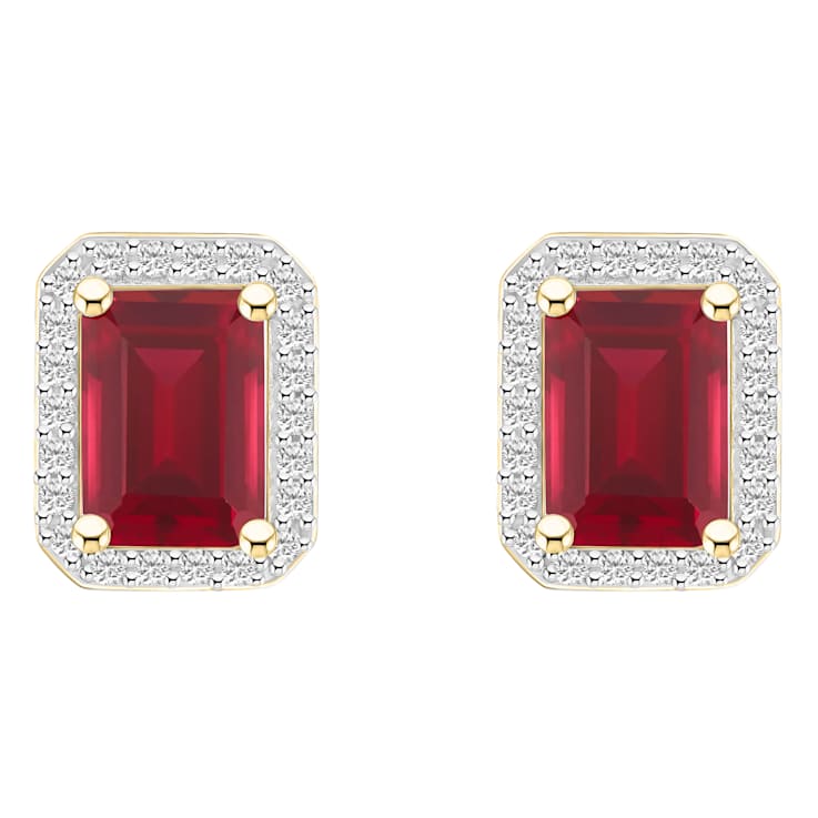 7x5mm Emerald Cut Created Ruby And Created White Sapphire 10k Yellow
Gold Halo Stud Earrings
