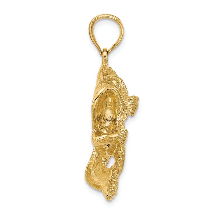 14k Yellow Gold 2D Textured Bass Fish Jumping Charm
