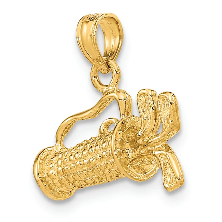 14k Yellow Gold Solid 3D Polished and Textured Golf Bag with Clubs pendant