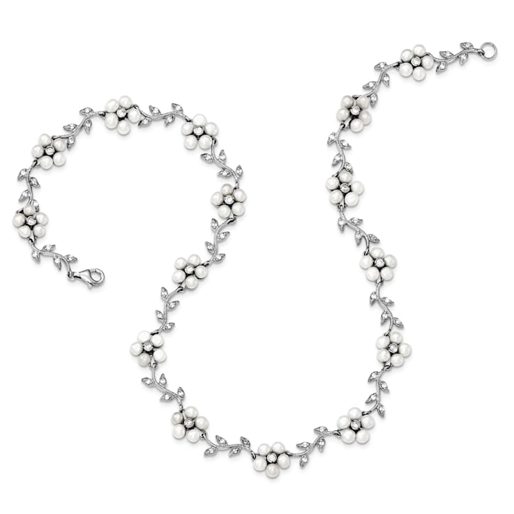 Rhodium Over Sterling Silver FW Cultured Pearl and Cubic Zirconia Floral Necklace