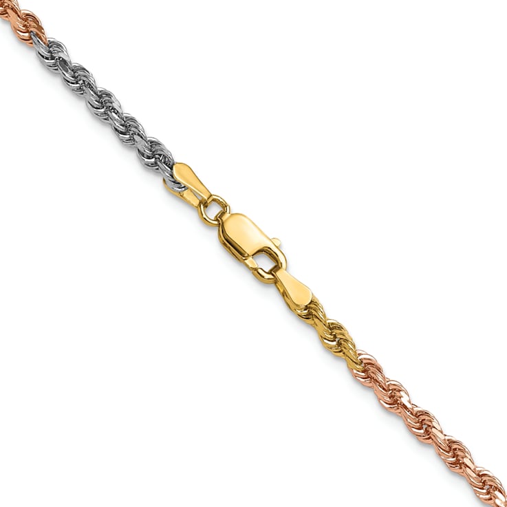 14k Yellow Gold, 14k White Gold and 14k Rose Gold 3mm Solid Diamond-Cut
Rope 24 Inch Chain