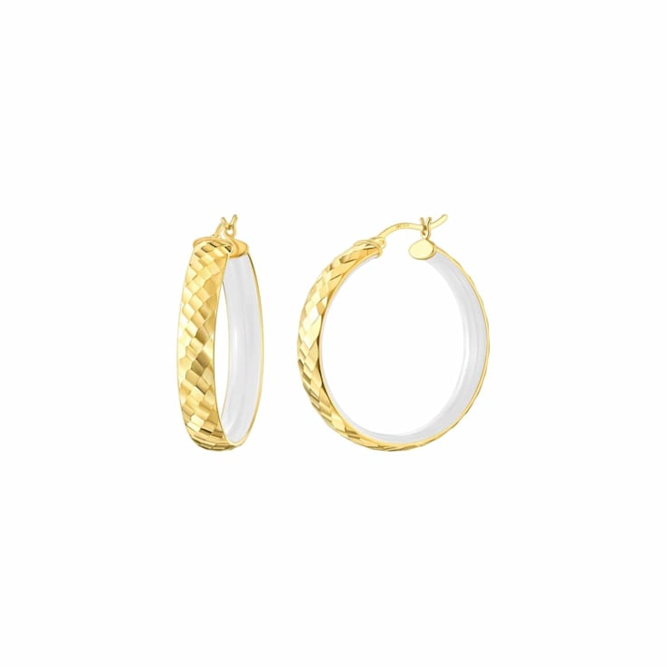 14K Yellow Gold Over Sterling Silver Enamel Hammered Hoop Earrings in White