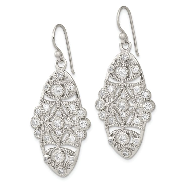 Sterling Silver Polished and Textured Cubic Zirconia Fancy Dangle Earrings