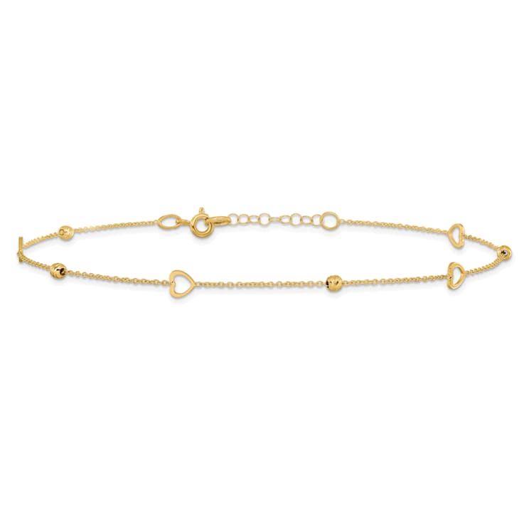14K Yellow Gold Polished and Diamond-cut Heart with 1-inch Extension Anklet