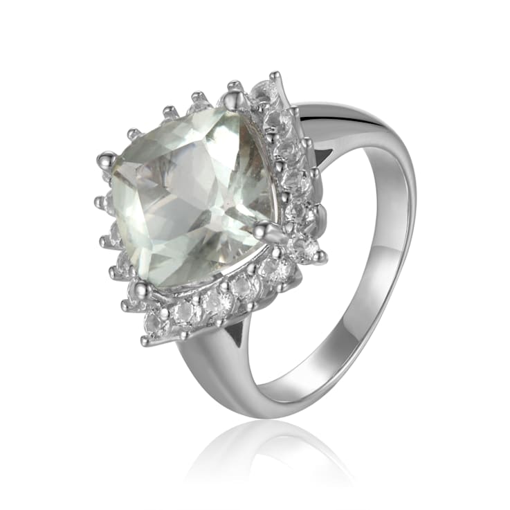 Checkerboard Square Cushion Cut Prasiolite with White Topaz Accents
Sterling Silver Halo Ring