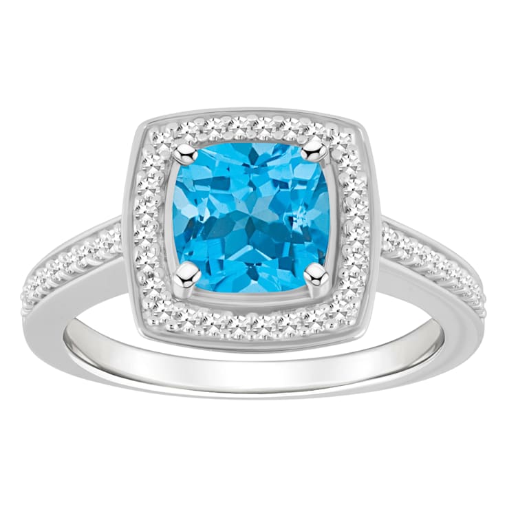 7mm Cushion Blue Topaz 1/4 ctw Diamond Rhodium Over Sterling Silver Halo Ring