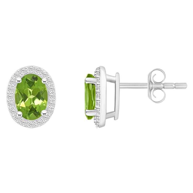 7x5mm Oval Peridot And Created White Sapphire 10k White Gold Halo Stud Earrings