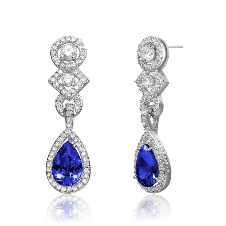 Sapphire Color CZ Halo Drop Earrings In Sterling Silver