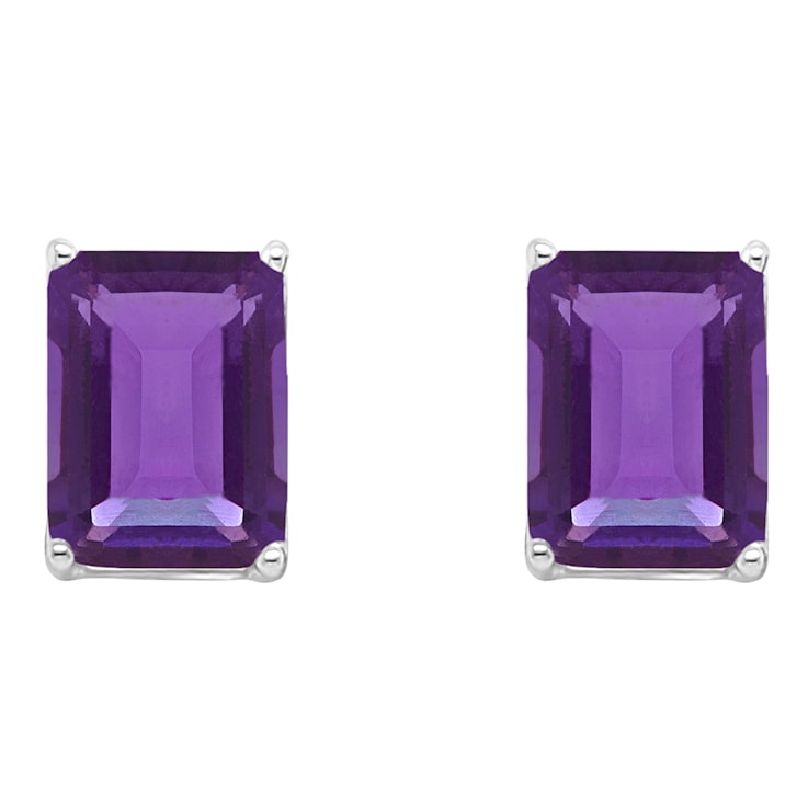 8x6mm Rectangular Octagonal Amethyst Rhodium Over Sterling Silver Stud Earrings