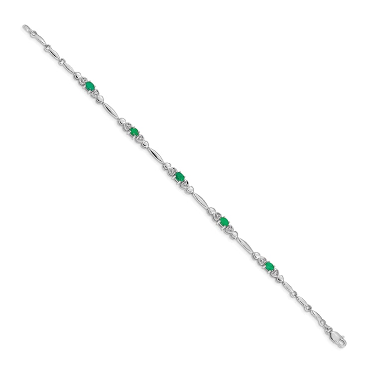 Rhodium Over 14k White Gold Diamond and Emerald Bracelet