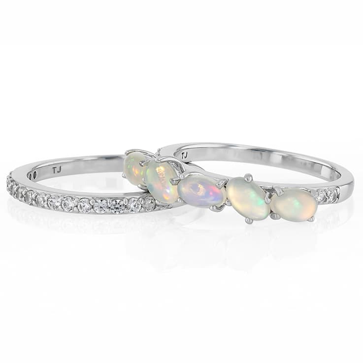 Opal And Zircon Stackable Ring Set In Sterling Silver 1.09ctw