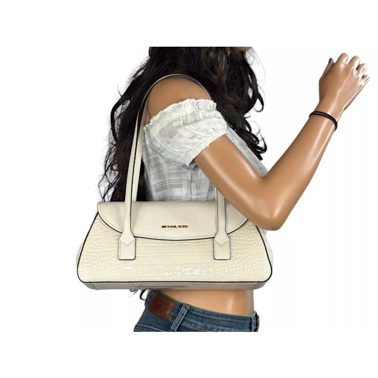 Michael Kors Katya Medium Shoulder Flap Handbag in Exotic Embossed Light Cream