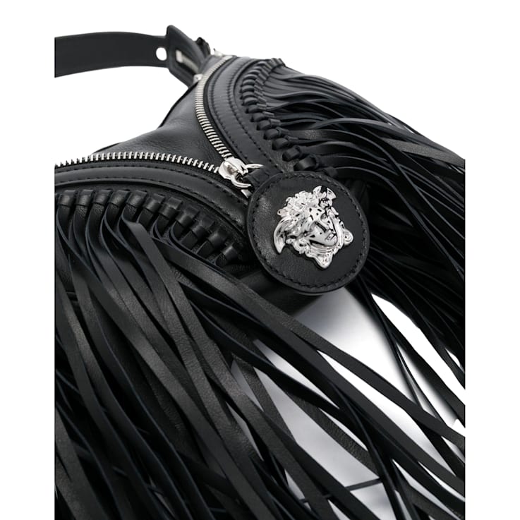 Versace Repeat Fringe La Medusa Mini Hobo Shoulder Bag Black