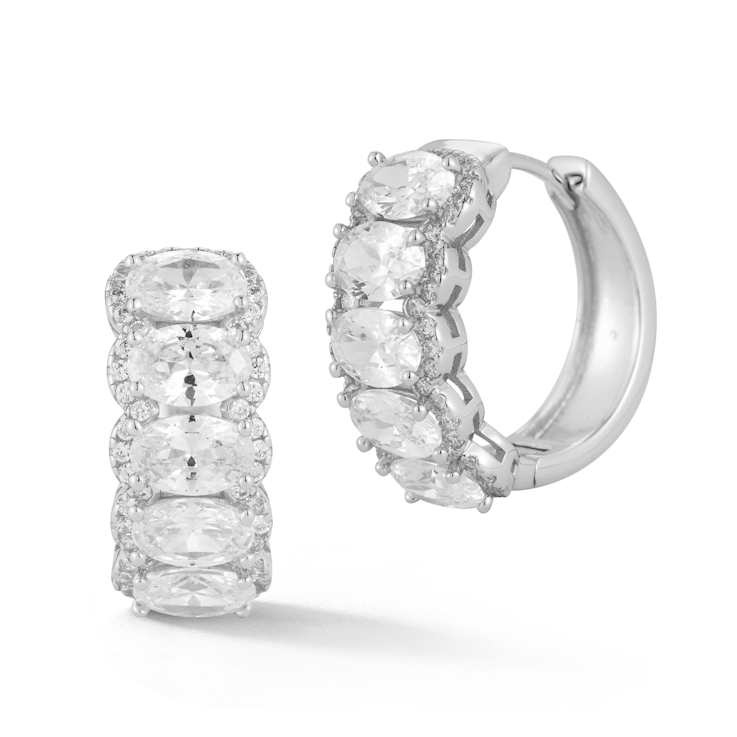 Rachel Zoe White Oval CZ Bold Hoop Earrings in Rhodium Over Sterling Silver