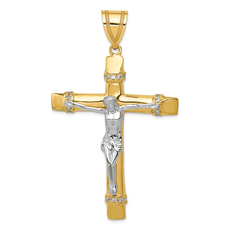 14K Yellow and White Gold Cubic Zirconia Crucifix Pendant