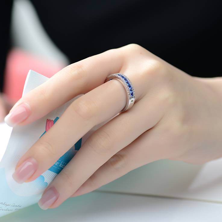 Sapphire Color CZ Channel-Set Band Ring In Sterling Silver