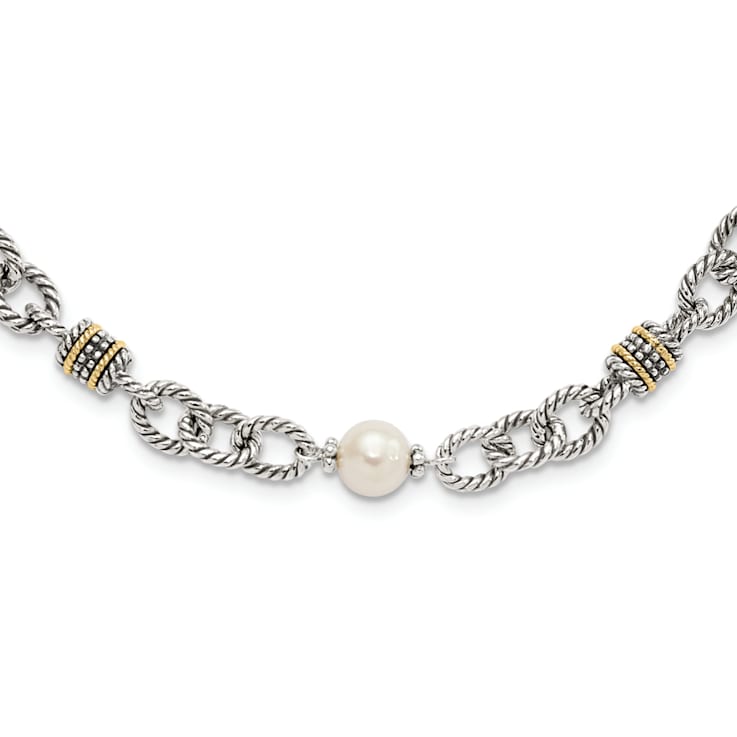 Sterling Silver Antiqued with 14K Accent Freshwater Cultured Pearl Necklace