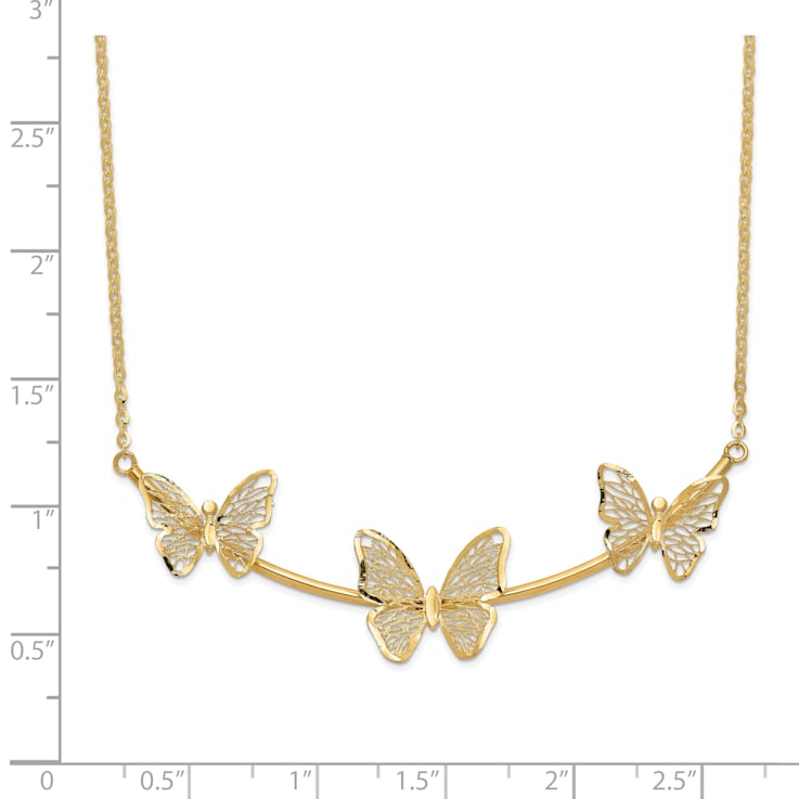 14K Yellow Gold Polished Filigree 3-Butterfly Bar Necklace
