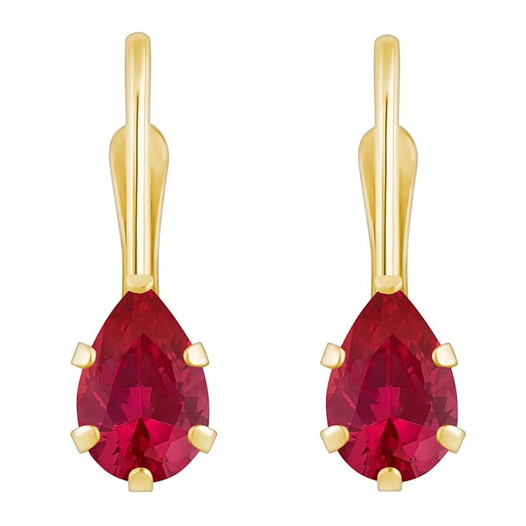 6x4mm Pear Shape Lab Created Ruby 10k Yellow Gold Drop Earrings